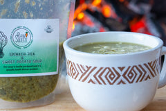 The main ingredients are spinach and peas with a dash of sweet potato to round it off with a tantalizing ginger twist.